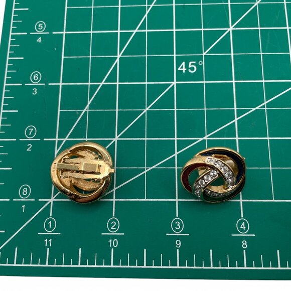 Vintage BUTLER Rhinestone Pave and Enamel Knot Gold Tone Clip on Earrings - Picture 9 of 9
